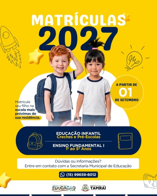Tapiraí abre matrículas da rede municipal de ensino para o ano letivo de 2027